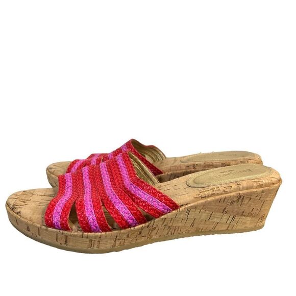 Eric Javits Wedge Sandals Womens 11 Raffia Braided Cork Slide Red Pink - Picture 1 of 9